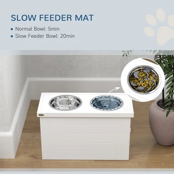 Elevated Dog Bowls With Slow Feeder Mat, Storage Cabinet, 3 Stainless Steel Bowls For Large & Extra Large Dogs, White - FURRY WHOOF