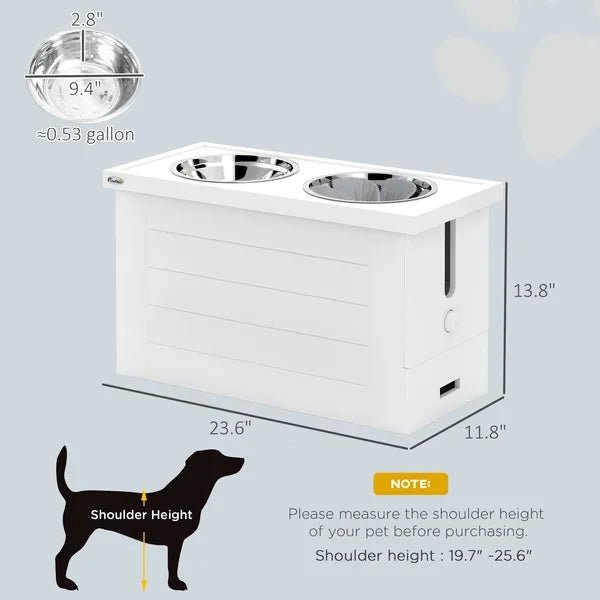 Elevated Dog Bowls With Slow Feeder Mat, Storage Cabinet, 3 Stainless Steel Bowls For Large & Extra Large Dogs, White - FURRY WHOOF