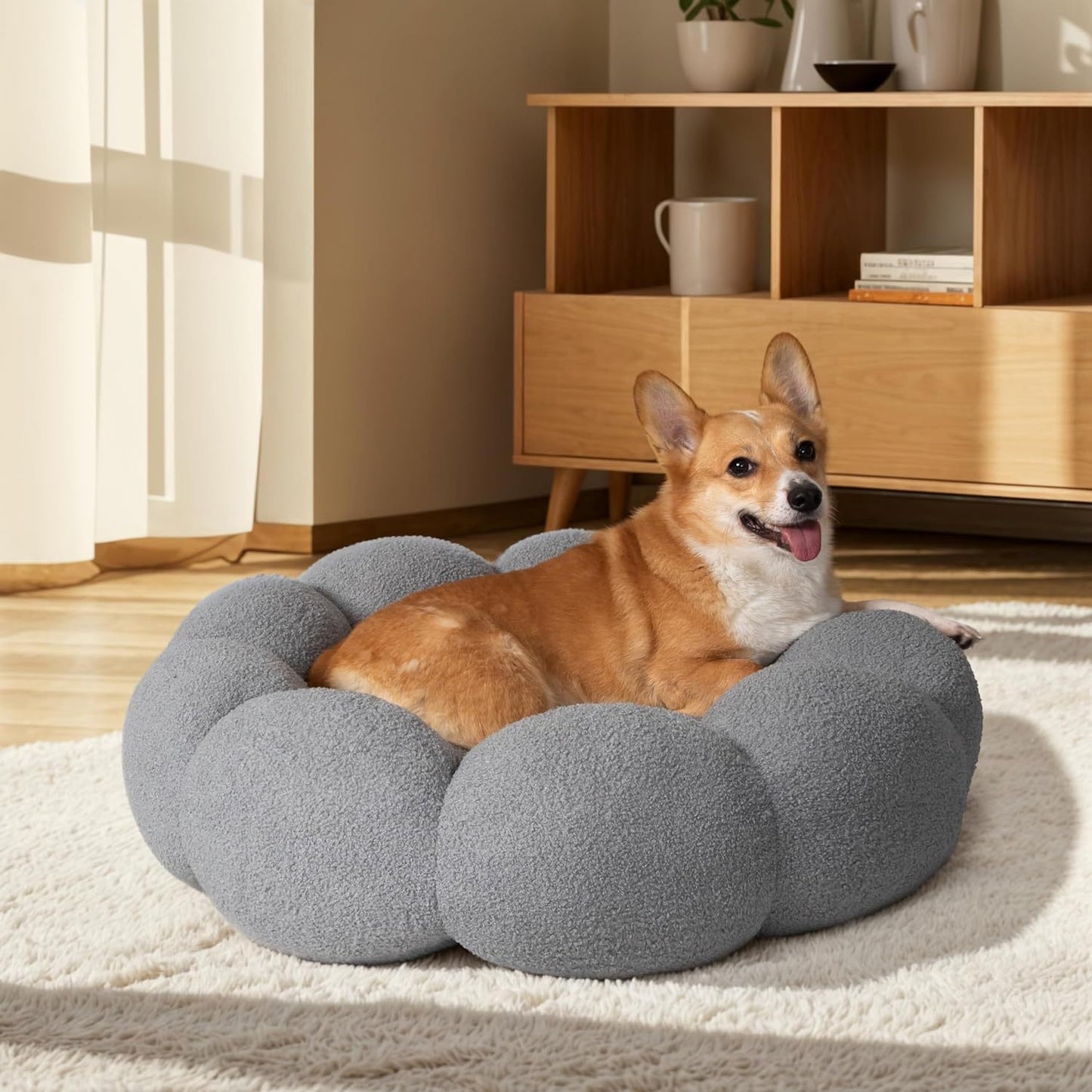 Calming Cat Beds For Indoor Cats Fluffy Flower Cat Dog Bed In Plush Teddy Sherpa Round Donut Cuddler Puppy Bed Non Slip Machine Washable Pet Bed - FURRY WHOOF