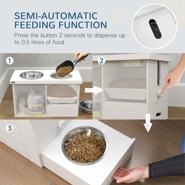Elevated Dog Bowls With Slow Feeder Mat, Storage Cabinet, 3 Stainless Steel Bowls For Large & Extra Large Dogs, White - FURRY WHOOF