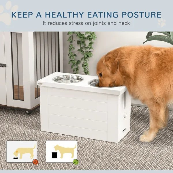 Elevated Dog Bowls With Slow Feeder Mat, Storage Cabinet, 3 Stainless Steel Bowls For Large & Extra Large Dogs, White - FURRY WHOOF