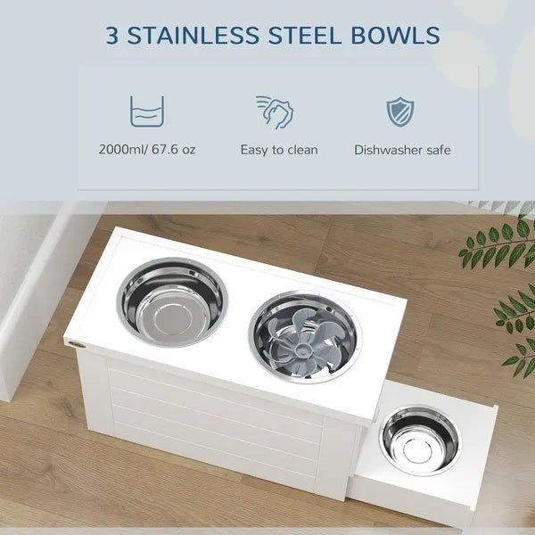 Elevated Dog Bowls With Slow Feeder Mat, Storage Cabinet, 3 Stainless Steel Bowls For Large & Extra Large Dogs, White - FURRY WHOOF