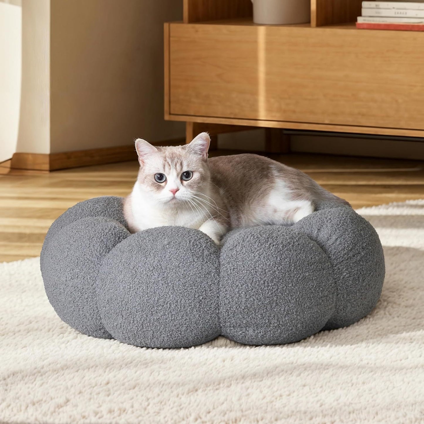 Calming Cat Beds For Indoor Cats Fluffy Flower Cat Dog Bed In Plush Teddy Sherpa Round Donut Cuddler Puppy Bed Non Slip Machine Washable Pet Bed - FURRY WHOOF