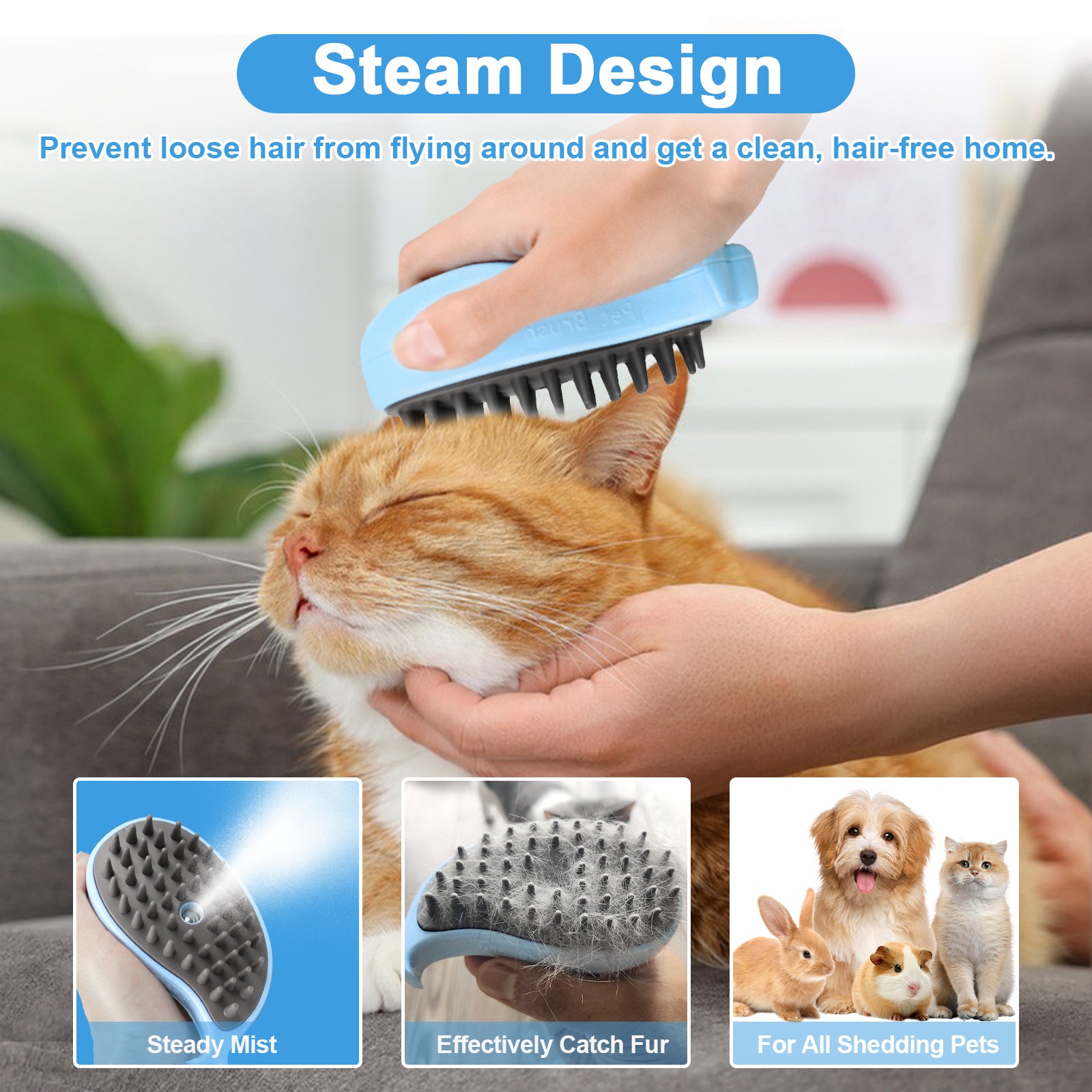 Cat Steam Brush For Shedding - Steamy Cat Brush For Indoor Cats, Cat Hair Steam Brush For Massage, Spritz Defur Comb For Cats, Pet Steamer For Dogs - FURRY WHOOF