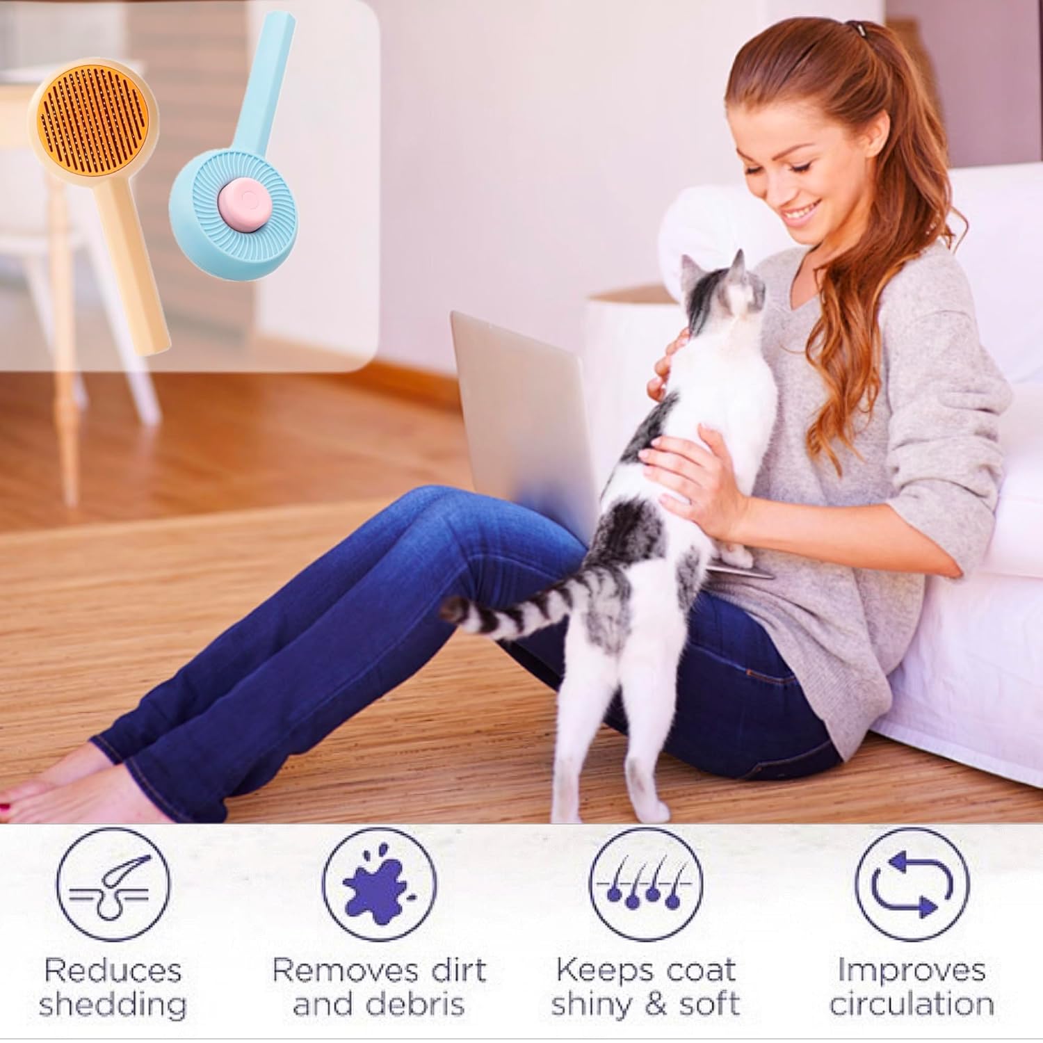 Cat Grooming Brushes Pet Hair Cleaner Brush Pet Massage Brushes For Cats Dogs With Self - Cleaning Button Pet Shedding Brush For Removing Tangles Loose Fur - FURRY WHOOF