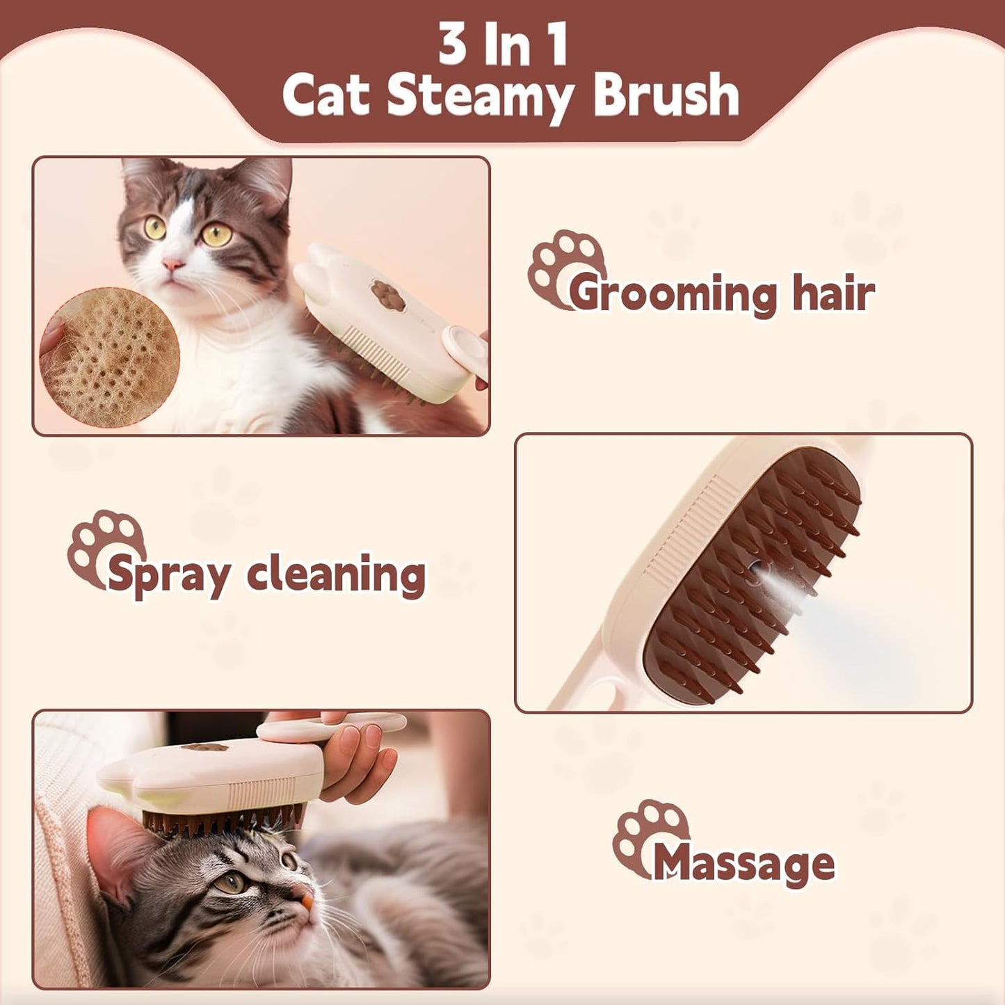Innovative 3 In 1 Pet Steam Brush Shedding Massage And Grooming In One Perfect For Dogs And Cats Short And Long Hair Static Flying Hair Remover And Water Sprayer - FURRY WHOOF