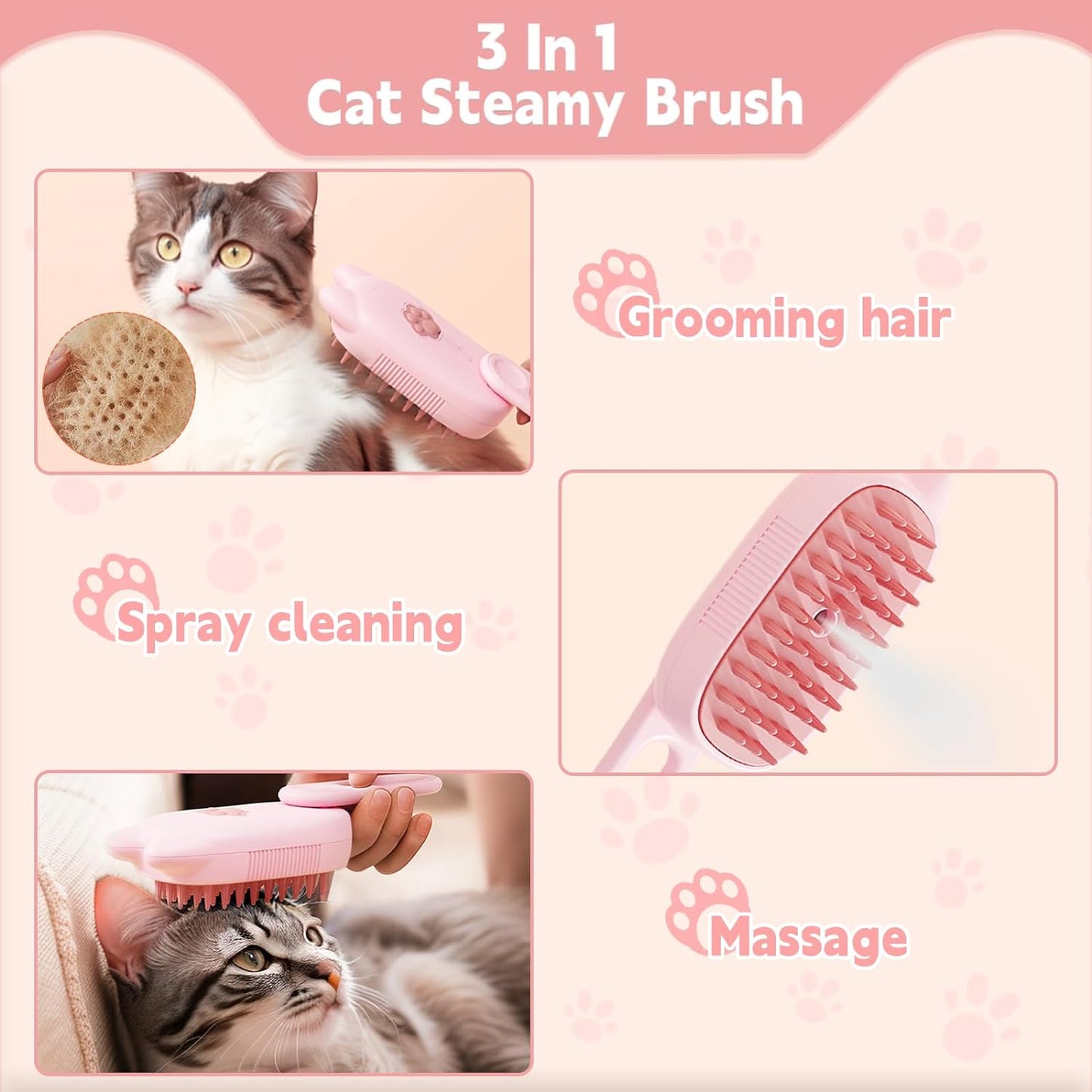 Innovative 3 In 1 Pet Steam Brush Shedding Massage And Grooming In One Perfect For Dogs And Cats Short And Long Hair Static Flying Hair Remover And Water Sprayer - FURRY WHOOF