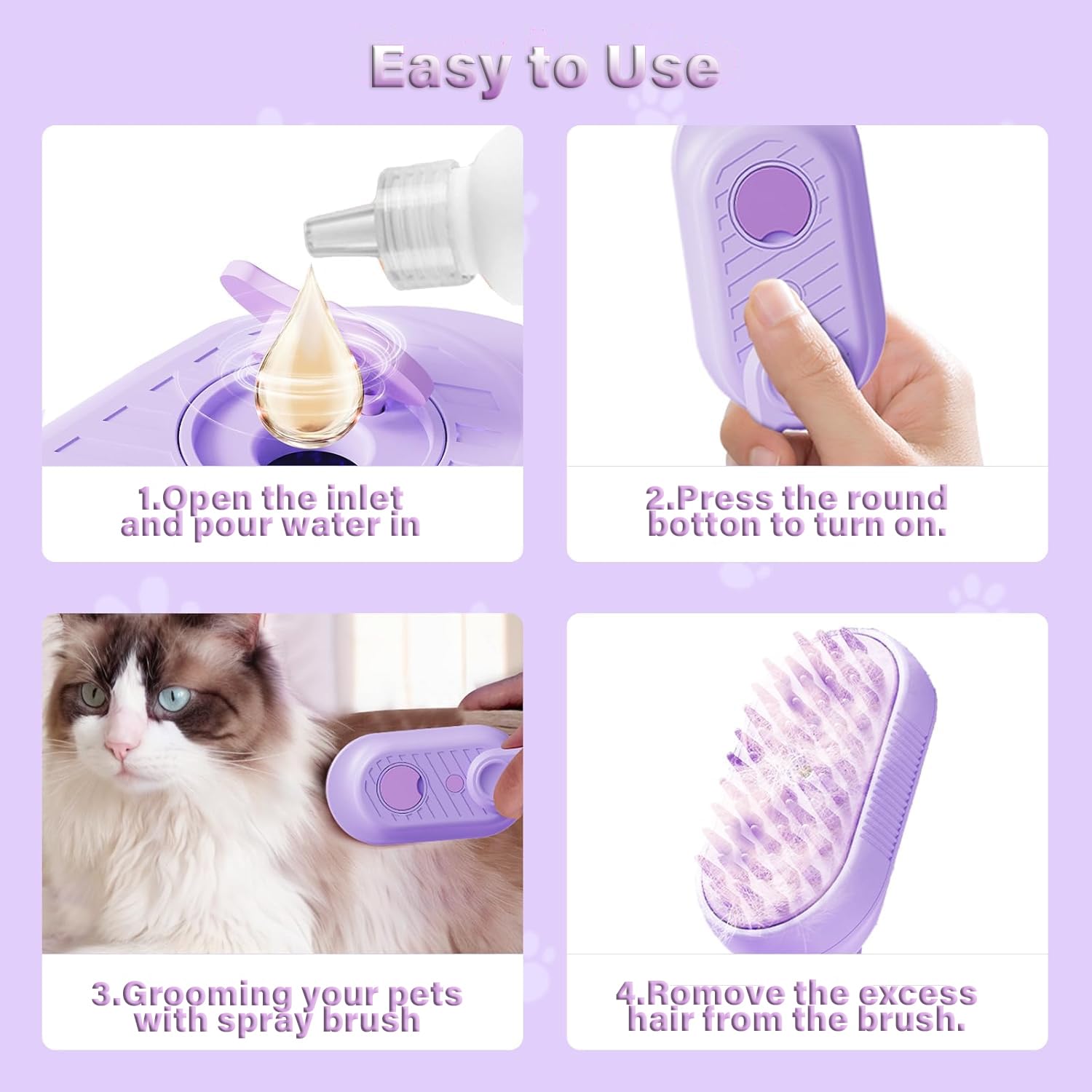 Cat Steam Brush For Shedding 3 In 1 Cat Steamy Brush Cleanser With Foldable Handle Pet Spa Brush For Cats Dogs Defur Comb For Cats Steam Brush For Cats Pet Spray Hair Removal Comb - FURRY WHOOF