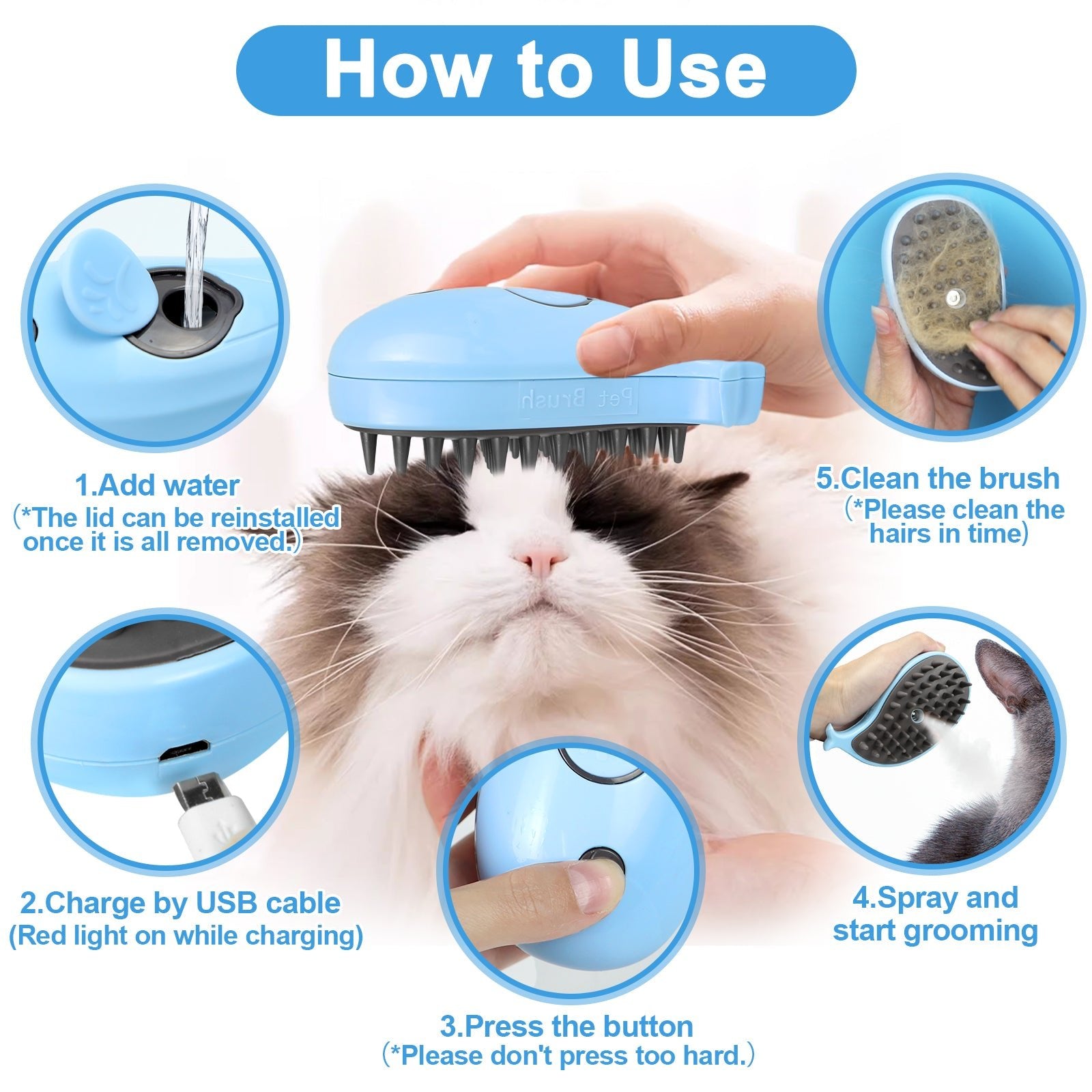 Cat Steam Brush For Shedding - Steamy Cat Brush For Indoor Cats, Cat Hair Steam Brush For Massage, Spritz Defur Comb For Cats, Pet Steamer For Dogs - FURRY WHOOF