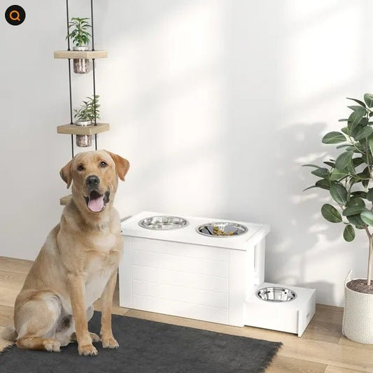 Elevated Dog Bowls With Slow Feeder Mat, Storage Cabinet, 3 Stainless Steel Bowls For Large & Extra Large Dogs, White - FURRY WHOOF