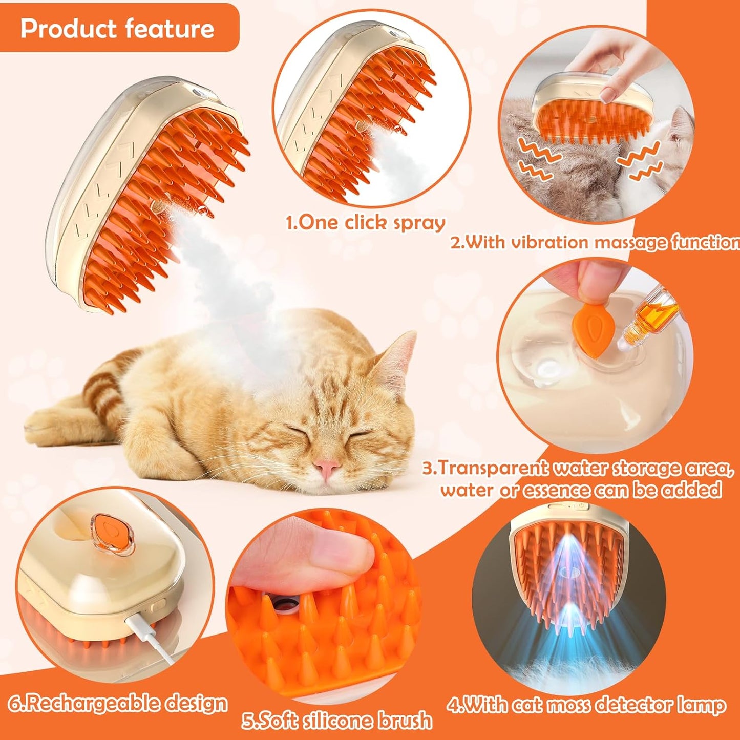 Cat Steam Brush Upgraded 4 In1 Steamy Cat Brush For Shedding Cat Brush Steamer For Massage Multifunctional Cat Hair Grooming Brush Pet Hair Removal Tool With Ringworm Detector For Cats Dogs - FURRY WHOOF