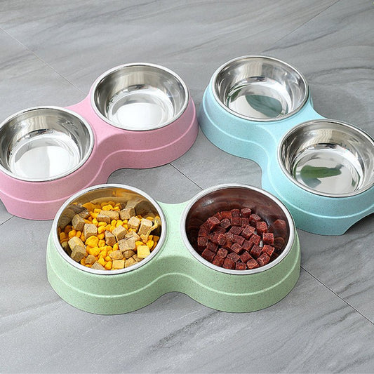 Double Pet Bowls Dog Food Water Feeder Stainless Steel Pet Drinking Dish Feeder Cat Puppy Feeding Supplies Small Dog Accessories - FURRY WHOOF