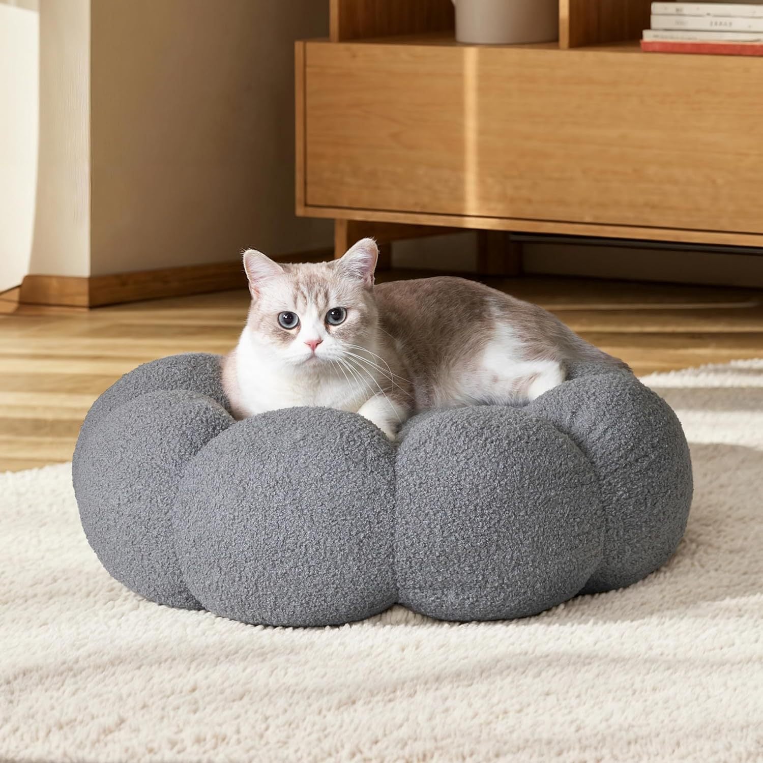 Calming Cat Beds For Indoor Cats Fluffy Flower Cat Dog Bed In Plush Teddy Sherpa Round Donut Cuddler Puppy Bed Non Slip Machine Washable Pet Bed - FURRY WHOOF